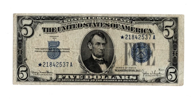 1934D $5 Silver Certificate STAR Note - VF