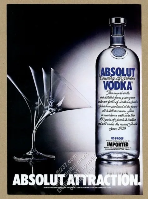 1984 Absolut Attraction vodka bottle and martini glass photo vintage print ad