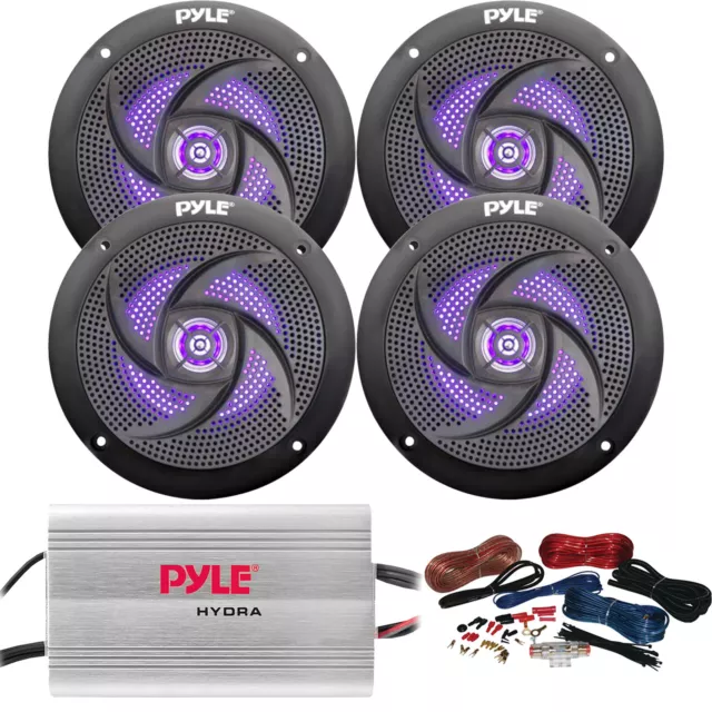 4x Pyle PLMRS63BL 6.5'' Speakers w/ Blue LED, 4-Channel Amplifier w/ Install Kit
