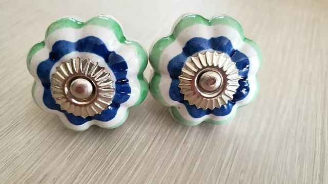 Set Of 2 Ceramic Cabinet Knobs Drawer Pull White/Blue/Green Flower Hand Painted
