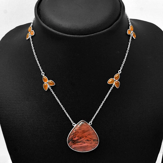 Watermelon Cherry Quartz & Carnelian 925 Sterling Silver Necklace Jewelry N-1004