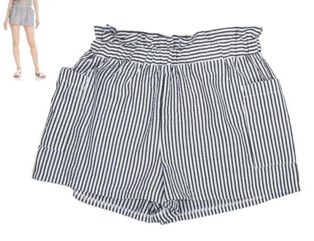 Aqua Striped Ruffled Elastic Waist Paper Bag Style Shorts M NWT Grey/White