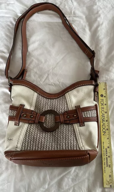 BOC Born Concept Tote Shoulder Purse White, Brown & Tan with Straw in the front.