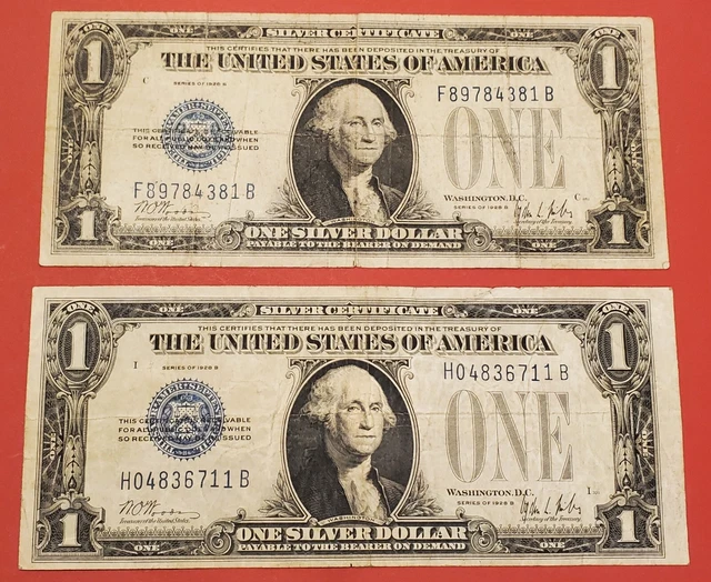 Lot of (2) 1928 B $1 U.S. One Dollar Blue Seal Silver Certificate Bills Notes