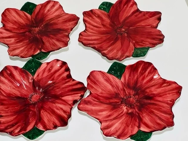 The Bombay Co Poinsettia Flower Plates Burgundy Ceramic Green Leaves VTG 1992