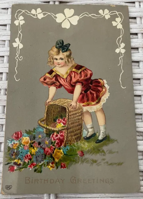 BIRTHDAY GREETINGS VINTAGE EMS postcard Victorian girl with basket of ...
