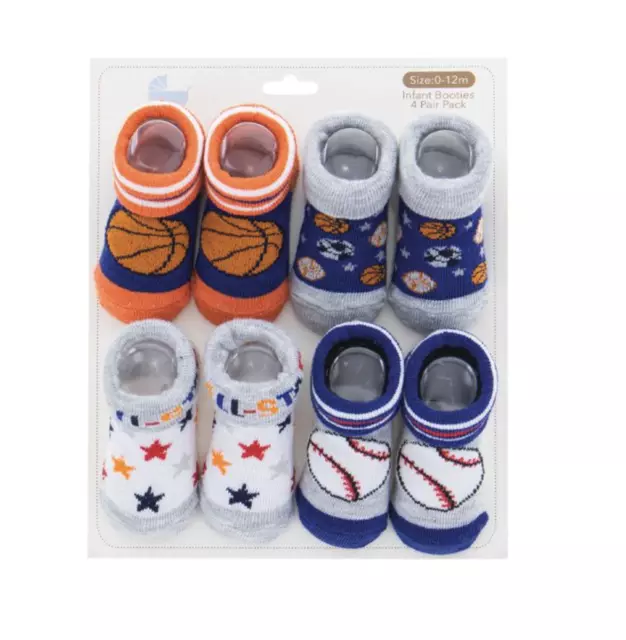 NIB  Boys Baby Booties Socks 4 pair Sports - Baby Shower Gift 0-12 Mo.