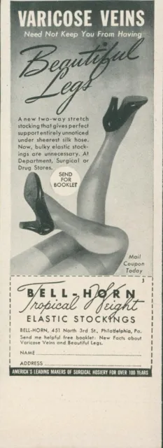 1942 Bell Horn Elastic Stockings Tropical Pin Up Legs Heels Vtg Print Ad L17