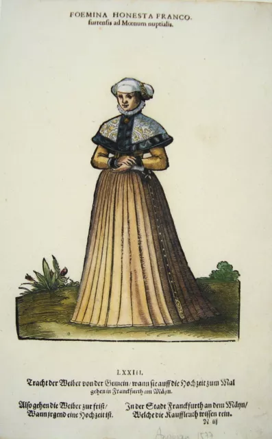 Jost Amman Tracht Frankfurt Main Hochzeit seltener kolorierter Holzschnitt 1577