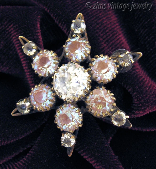 Antique VICTORIAN Czech Saphiret glass 6 pointed STAR clear crystal Brass PIN