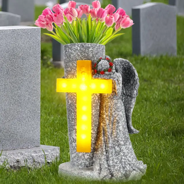 Jarrón de tumba de cementerio solar con LED para flores frescas/artificiales conmemorativas