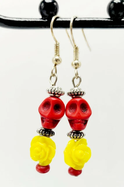 Skull Day Of The Dead Red  Dangle Drop Earrings W/Yellow Rose Halloween
