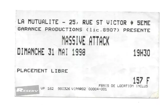 Rare / Billet Ticket Concert - Massive Attack Live A Paris ( France ) 1998 Place