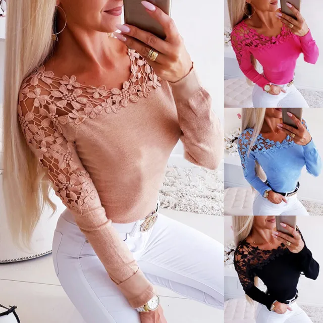 Women Floral Lace Shirt Ladies Long Sleeve Slim Fit Tops Casual Work Blouse UK