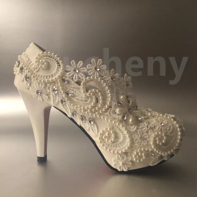 su.cheny 2" 3" 4" white ivory pearl crystal lace Wedding Bridal heel pump shoes