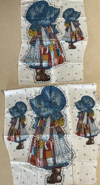 Vintage 1980s Blue Dress Holly Hobbie Fabric Panel Pillow Cut-Outs-Lot of 2