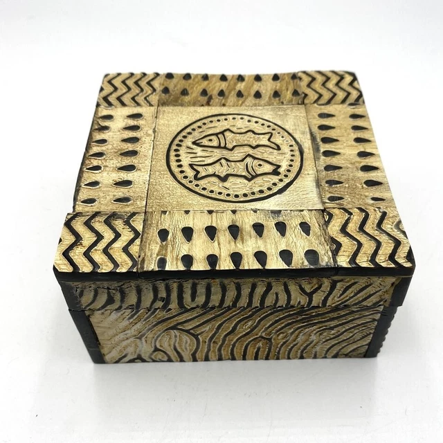 Wooden Trinket Box Carved Square Fish Pices Motif  11 cm Diameter Boho