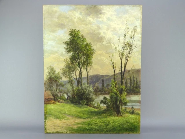 Tableau peinture huile sur isorel de A . Jacquet Paysage lacustre