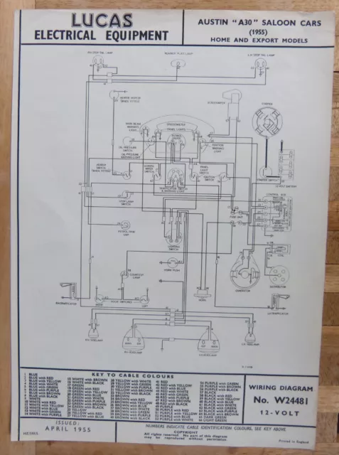 Original LUCAS Austin A30 Saloon Cars Wiring Diagram 1955 W24481