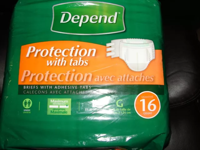 Paquete de 16 calzoncillos Depend con pestañas adhesivas Max Absorbency nuevos sin abrir unisex 35-49