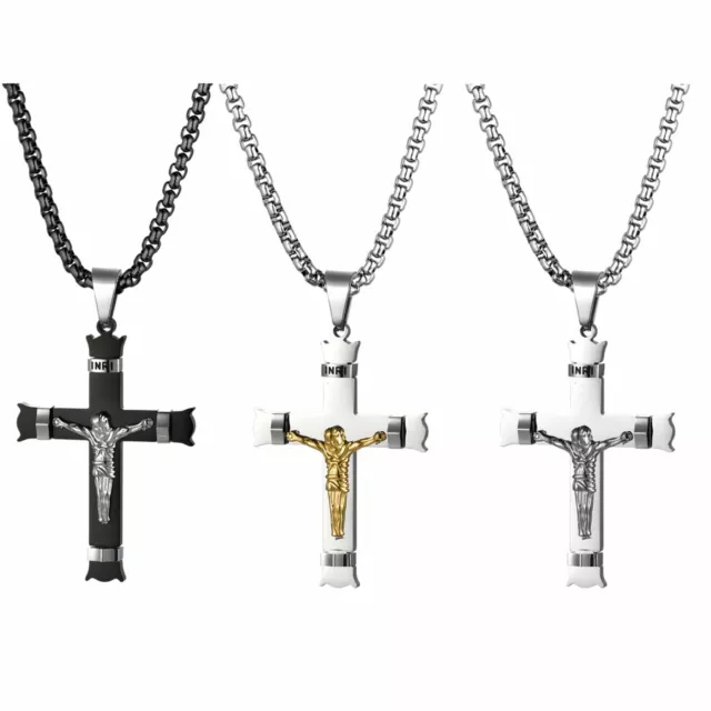 Men's Stainless Steel Religious Christ Jesus Cross Pendant Necklace Wheat Chain