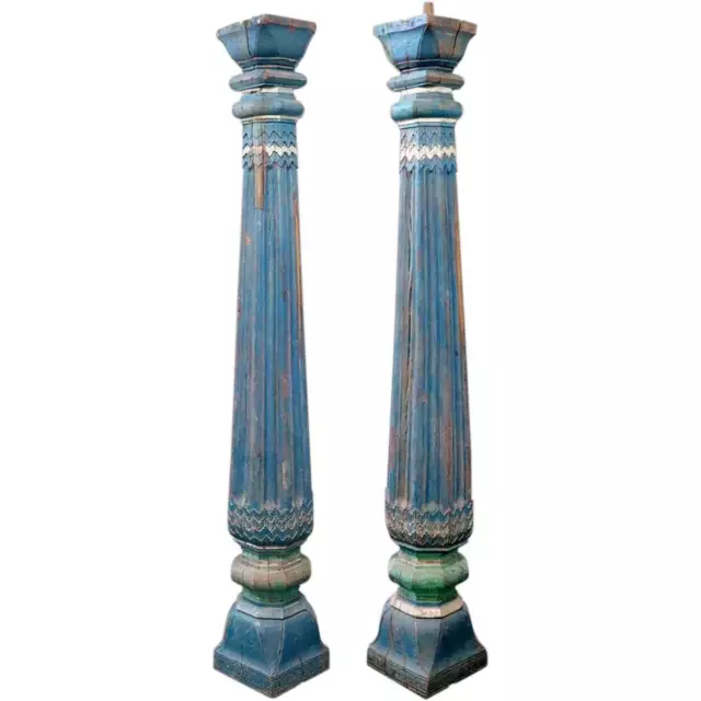 1800s Pair Antique Indian Blue Painted Solid Teak Architectural Columns Pillars
