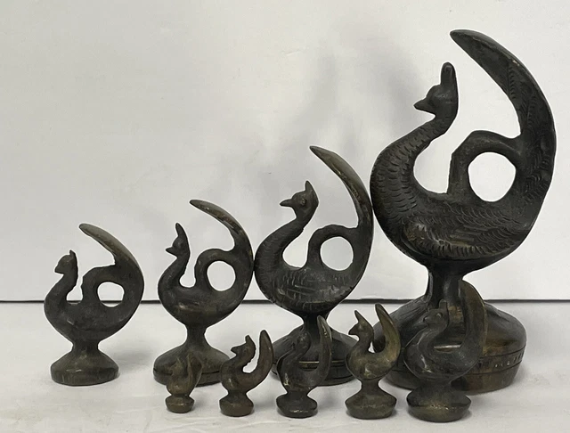 Rare Complete Set Antique Burmese Opium Bronze Weight Set Peacock Bird 9 Pc Vtg 3