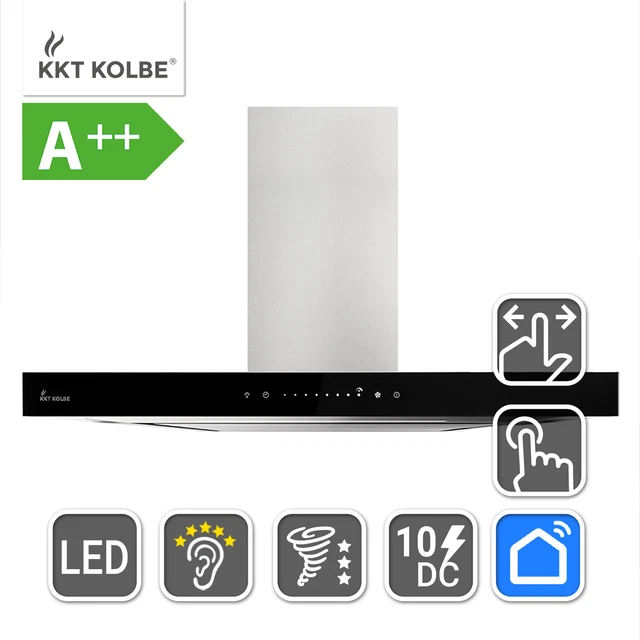 Campana Extractora 90cm Campana de Pared acero inoxidable vidrio negro WiFi