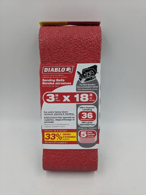 Diablo Tools 3'' x 18'' Sanding Belt, 36 Grit, 5Pk, Set of 5 New Sanding Belts Diablo Tools 3'' x 18'' Sanding Belt, 36 Grit, 5Pk, Set of 5 New Sanding Belts