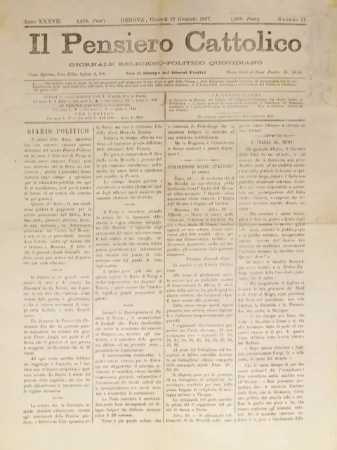 Giornale Religioso Politico di Genova - Il Pensiero Cattolico N. 21 - 1887