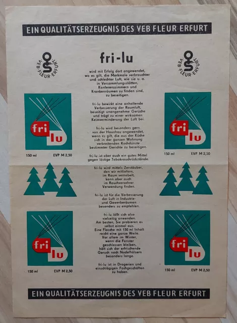 Advertising sheet fri-lu room spray quality product VEB Fleur Erfurt probably 1970s GDR