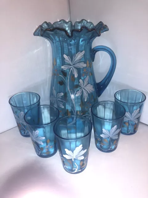 Hand Painted Blue Art Glass Ruffled  Edge Floral Pitcher-5 Tumbler’s-BEAUTIFUL