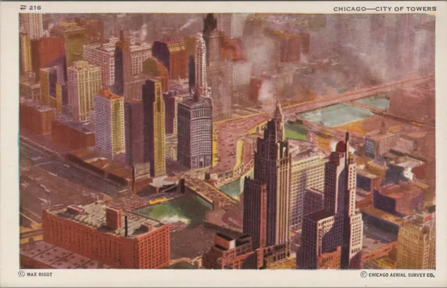 Chicago Illinois birds eye Chicago Aerial Survey Co city of towers postcard A440