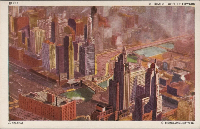 Chicago Illinois birds eye Chicago Aerial Survey Co city of towers postcard A440
