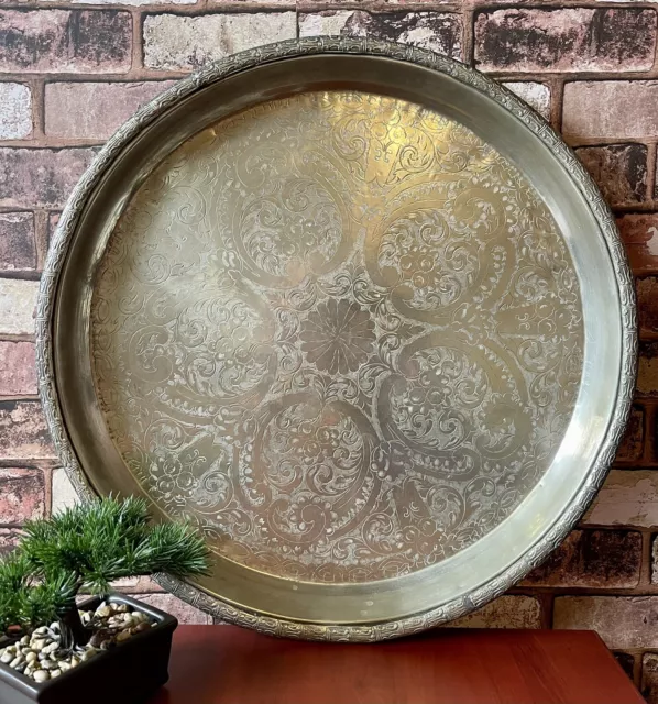 Vintage Islamic Ornate Floral Engraved Metal Platter Tray 22.5”