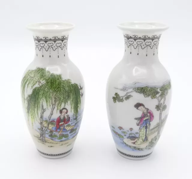 Vintage Chinese Pair of Miniature Handpainted Porcelain Vases