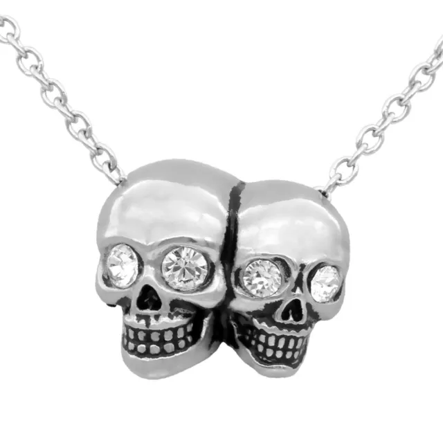 Bonded Skulls Pendant Necklace white Swarovski Crystal Stainless Steel Necklace