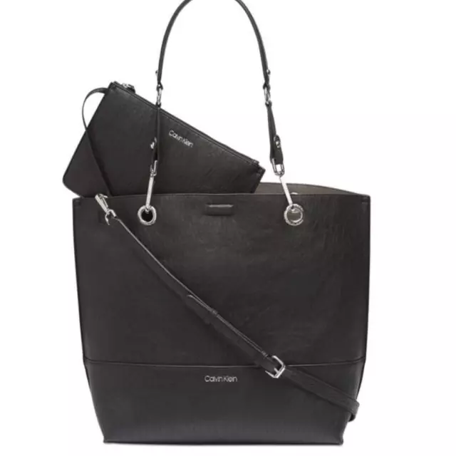 NWT Calvin Klein Black Sonoma Reversible Tote Bag With Pouch Gray faux leather