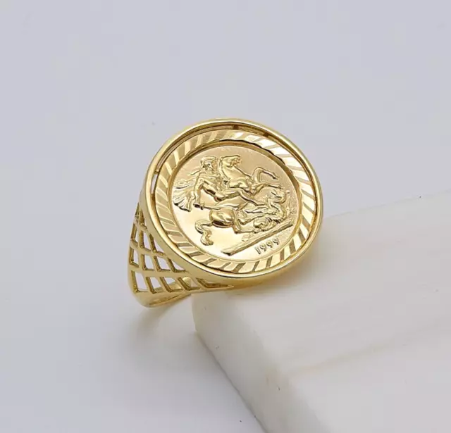 Genuine 9ct Yellow Gold Saint George 18mm Round Sovereign Coin Ring Size P