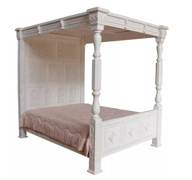 White Four Poster Bed Hand Carved Tudor Style Antique White Finish 4'6" 5' 6'