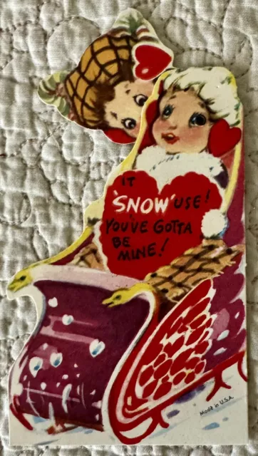 Unused Valentine Boy Girl Sled Snow Mechanical Vtg Greeting Card 1950s 1960s