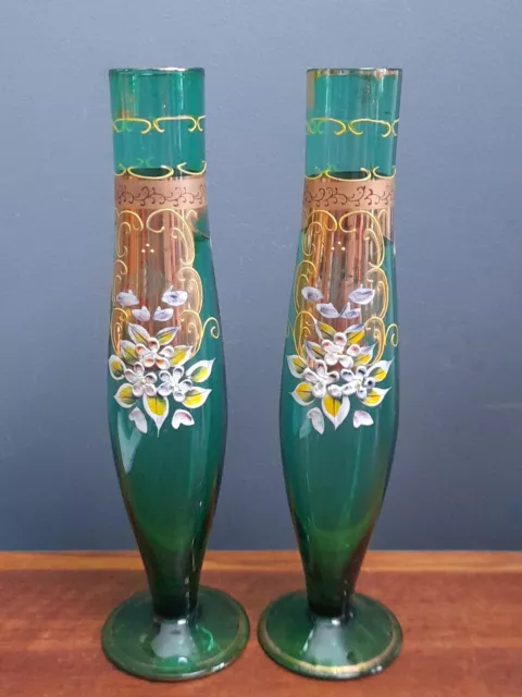 Vintage Green Vases X 2 Venetian/ Bohemian Style Single Flower Vase (N)