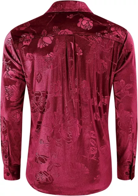 TURETRENDY Men's Velvet Shirts Floral Printed Rose Shirts Long Sleeve Button Dow 3