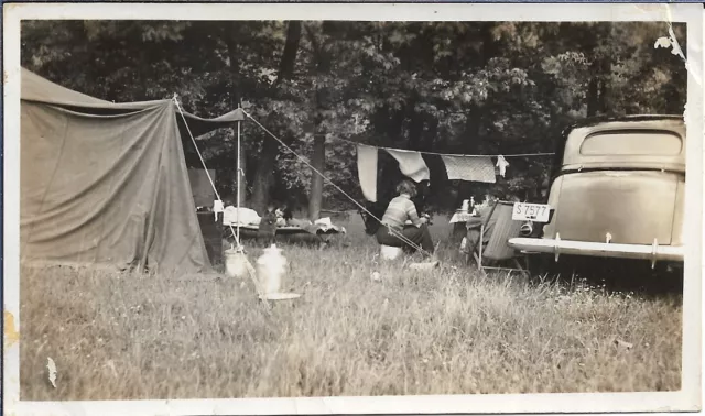 People Camping Photograph Tent Old Car 1938 2 5/8 x 4 3/8