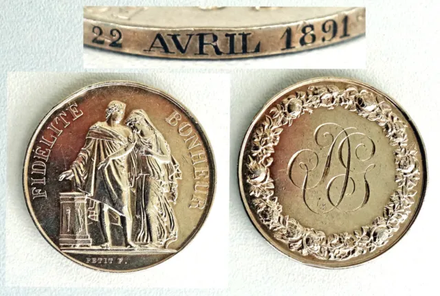 MEDAILLE DE MARIAGE " Fidélité-Bonheur " Argent Massif Louis-Michel Petit 1891