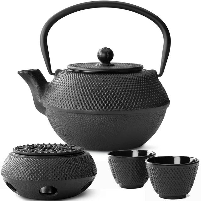 Asia Tee Set Gusseisen asiatisch Teekanne Teesieb Becher Stövchen 1,1 L schwarz