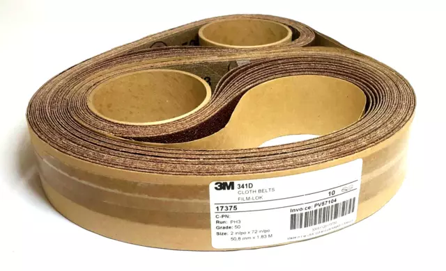 3M Cloth Belt 341D, 50 Grit, 2 in x 72 in, Film-Lok, Single-flex, 10-Pack