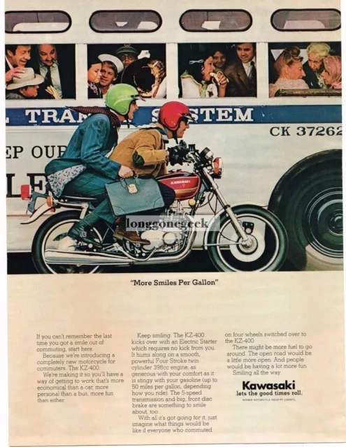 1974 Kawasaki KZ-400 Motorcycle Cruises Past Bus Vintage Ad