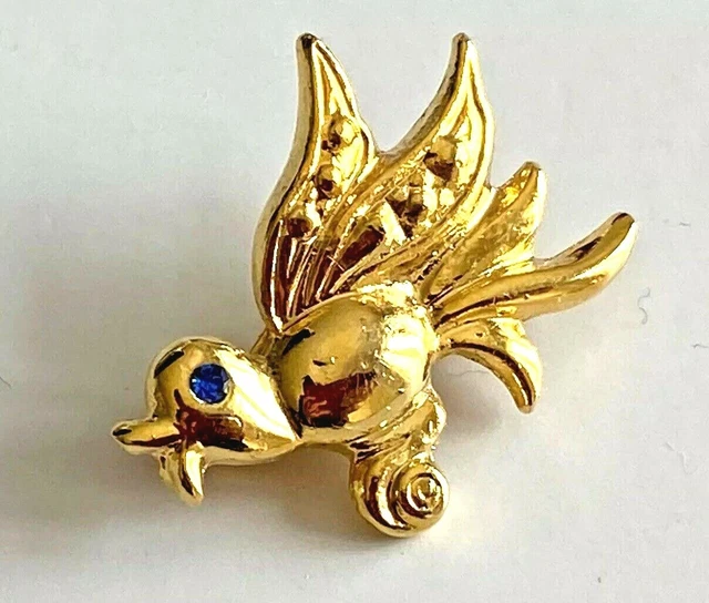 Broche Ancienne Oiseau En Laiton Doré Et Strass - Jolie Pièce Vintage, Bon état