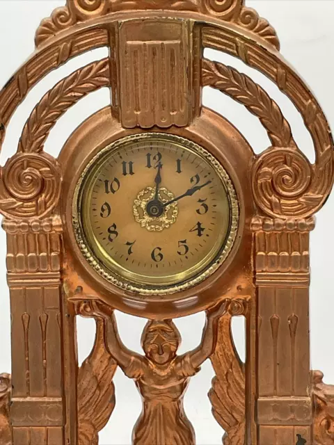 Vintage Ornate Cast Iron Mantle Clock Parlour Copper Color Victorian USA 486 2